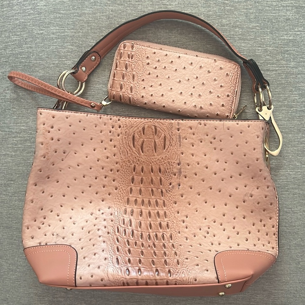 NWOT no brand name pink handbag and matching accordion wallet.